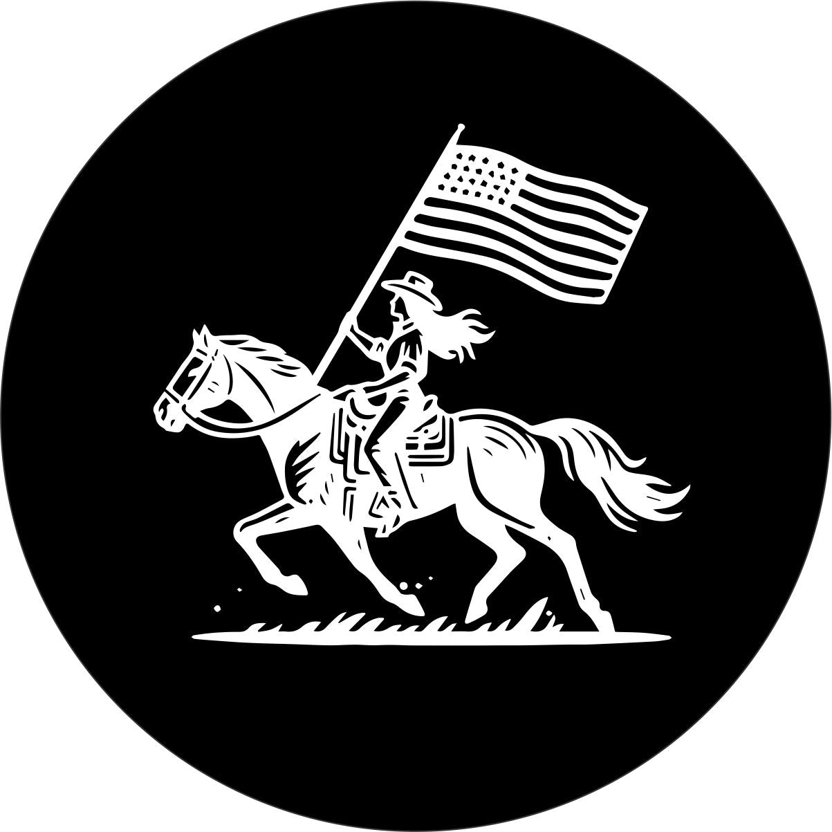 Cowgirl on a Bronco with American Flag Spare Tire Cover for Jeep, Bronco, RV, Camper, Trailer, & More