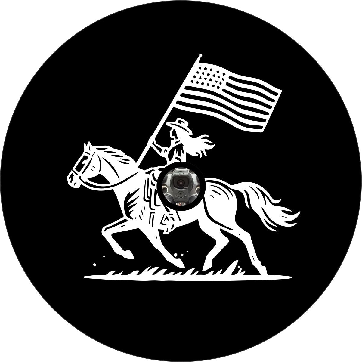 Cowgirl on a Bronco with American Flag Spare Tire Cover for Jeep, Bronco, RV, Camper, Trailer, & More