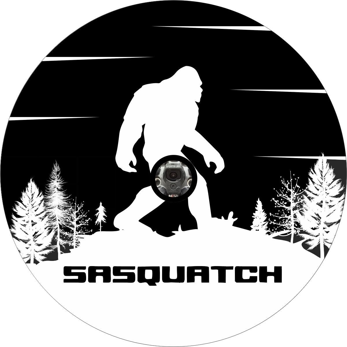 Sasquatch Bigfoot Mountain and Tree Silhouette Spare Tire Cover for Jeep, Bronco, RV, Camper, Trailer, & More