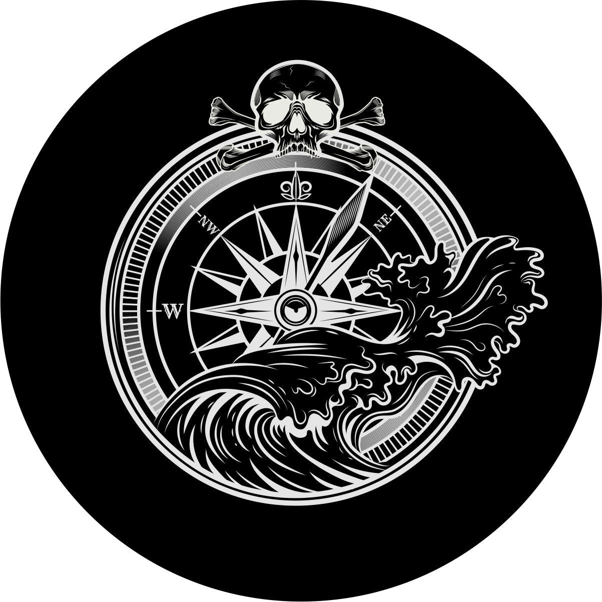 Pirate Skull & Compass Crashing Wave Spare Tire Cover - Jeep, Bronco, RV, Camper, & More
