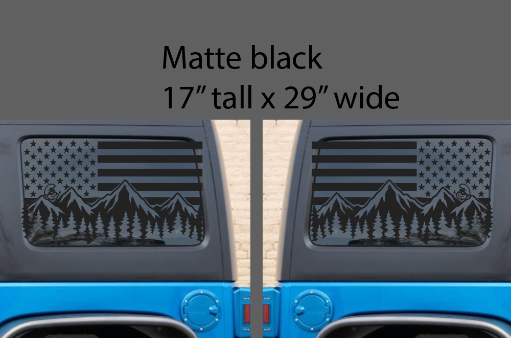 Matte Black Flag and Mountain Back Window Decals