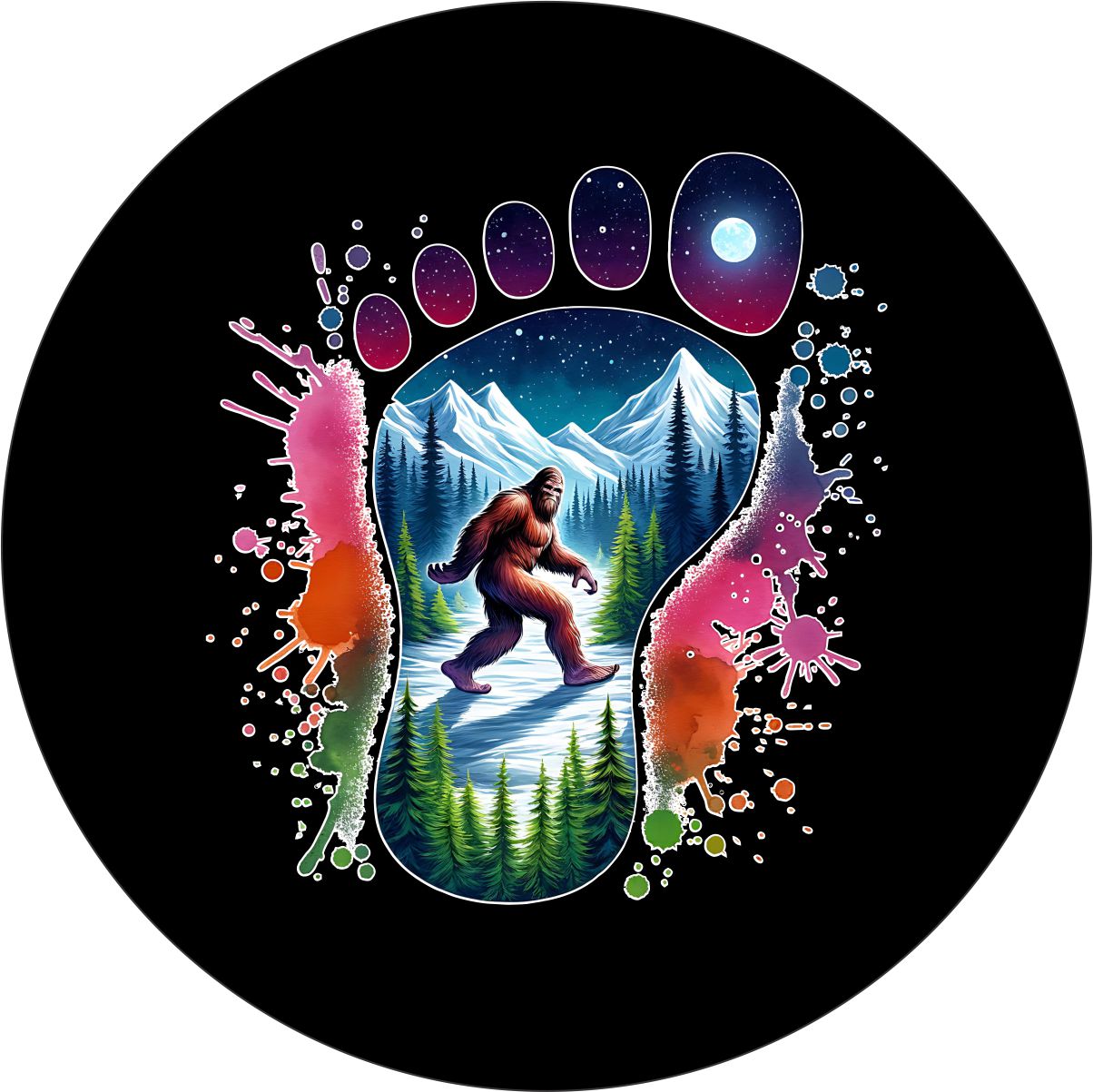 Sasquatch Color Pop Art Bigfoot Mountain Spare Tire Cover Design for Jeeps, Broncos, Camper, RVs and more