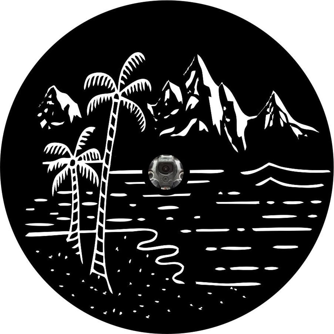 Beach with Palm Trees and Mountains Custom Spare Tire Cover (any color)