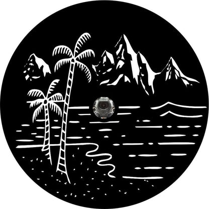 Beach with Palm Trees and Mountains Custom Spare Tire Cover (any color)