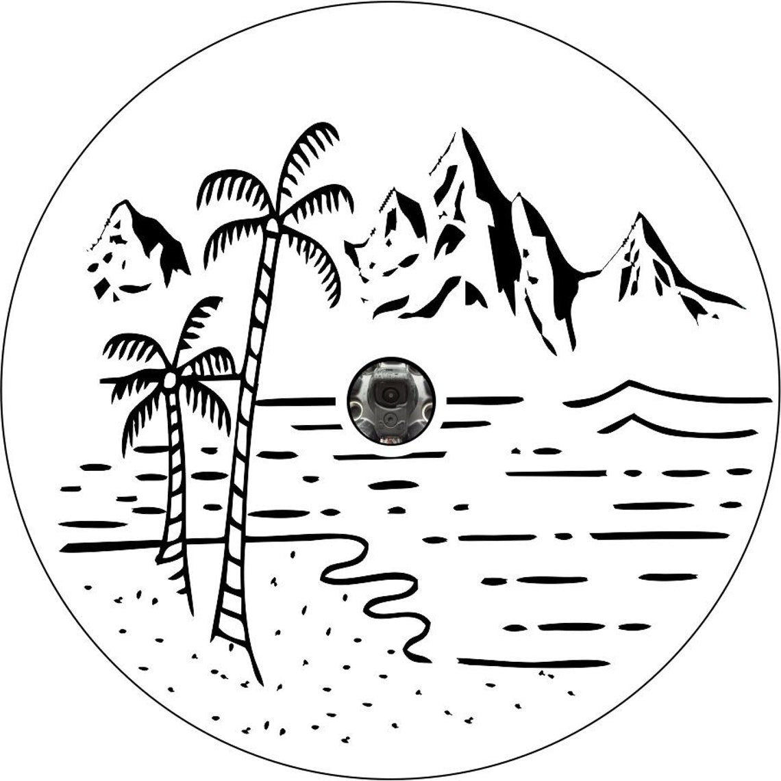 Beach with Palm Trees and Mountains Custom Spare Tire Cover (any color)
