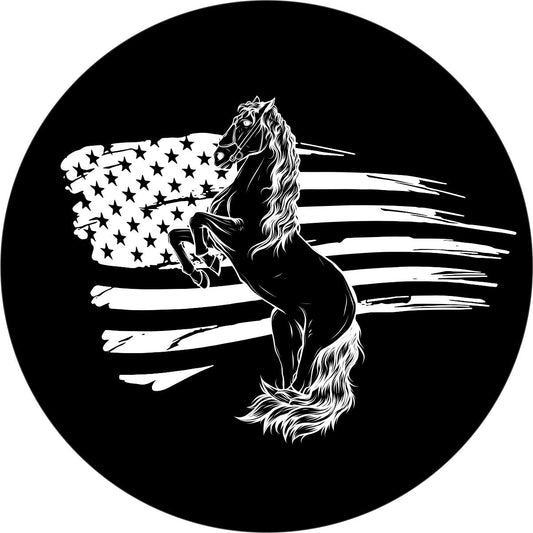 Bucking Bronco Horse American Distressed Flag Spare Tire Cover for Jeep, Bronco, RV, Camper, Trailer, & More
