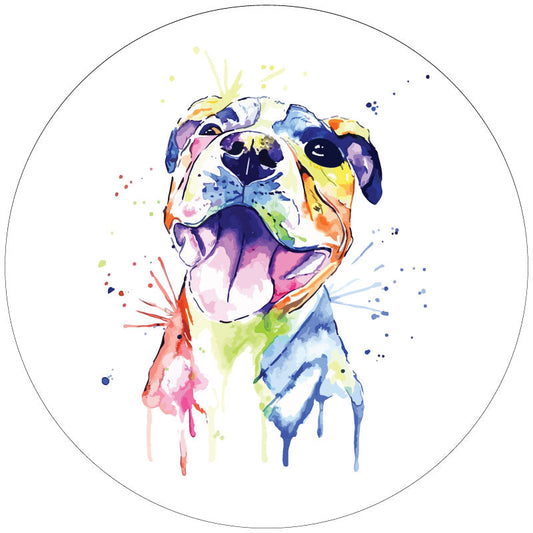Multicolor Watercolor Paint Cute Pitbull Spare Tire Cover on White Vinyl