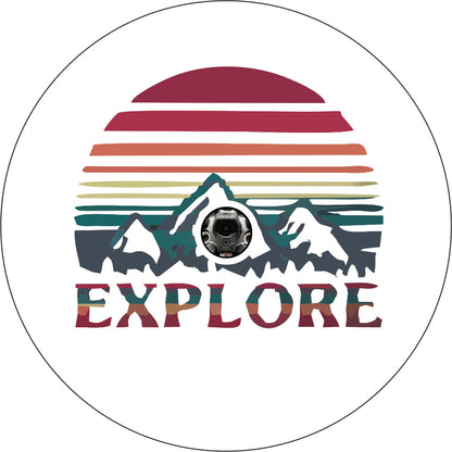 Explore Retro Design Mountains & Sun - Spare Tire Cover For RV, Camper, Jeep, Bronco, VW Bus, Van, & More
