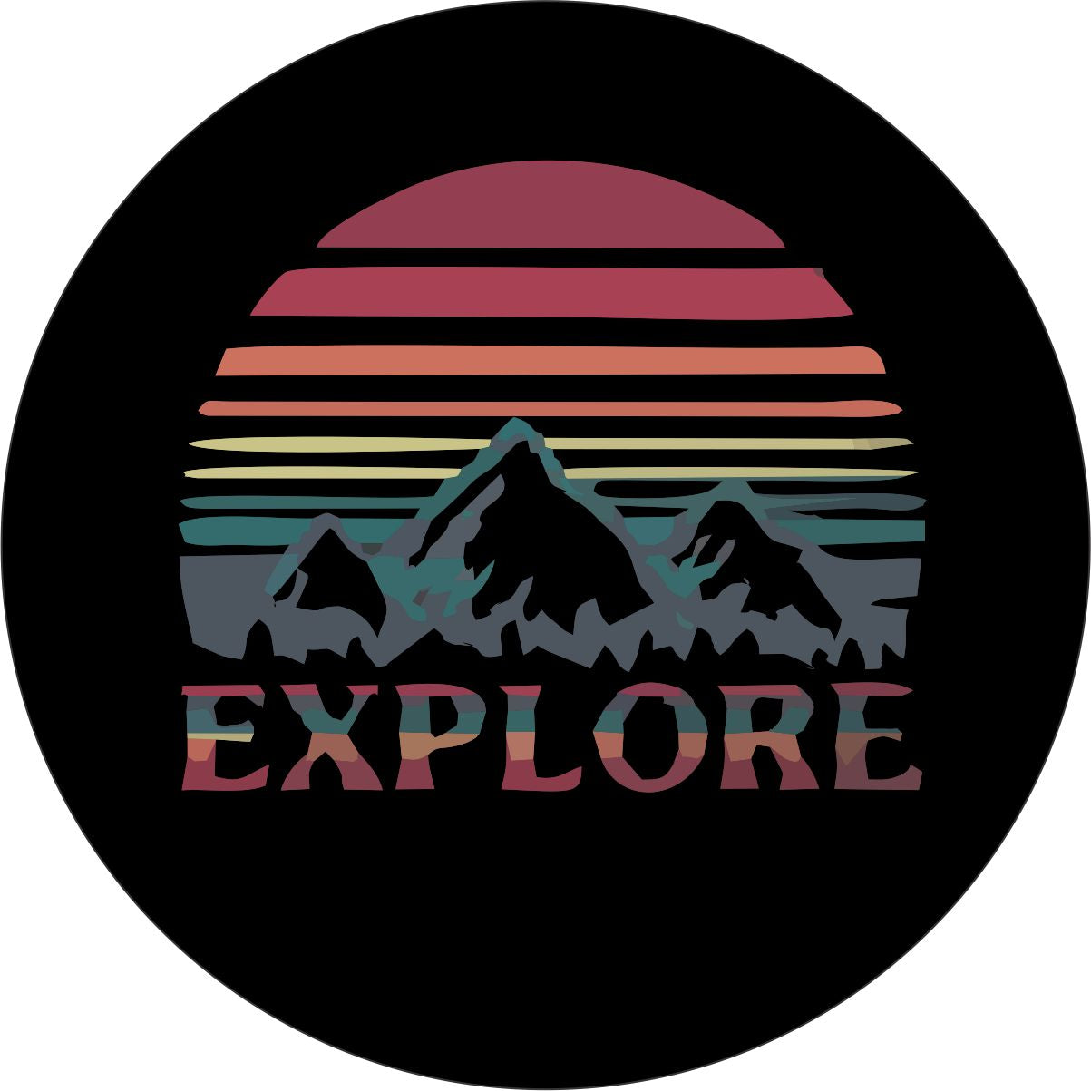 Explore Retro Design Mountains & Sun - Spare Tire Cover For RV, Camper, Jeep, Bronco, VW Bus, Van, & More