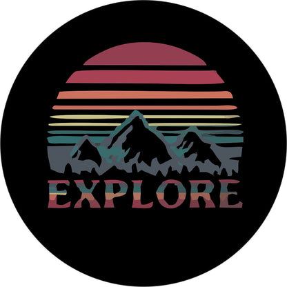 Explore Retro Design Mountains & Sun - Spare Tire Cover For RV, Camper, Jeep, Bronco, VW Bus, Van, & More