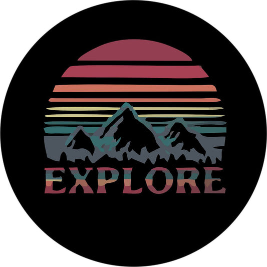 Explore Retro Design Mountains & Sun - Spare Tire Cover For RV, Camper, Jeep, Bronco, VW Bus, Van, & More