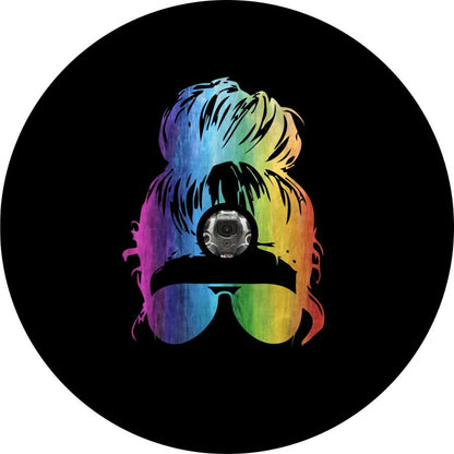 Rainbow Top Knot Messy Bun + Sunglasses | Jeep, Bronco, RV, Camper, Trailer Spare Tire Cover