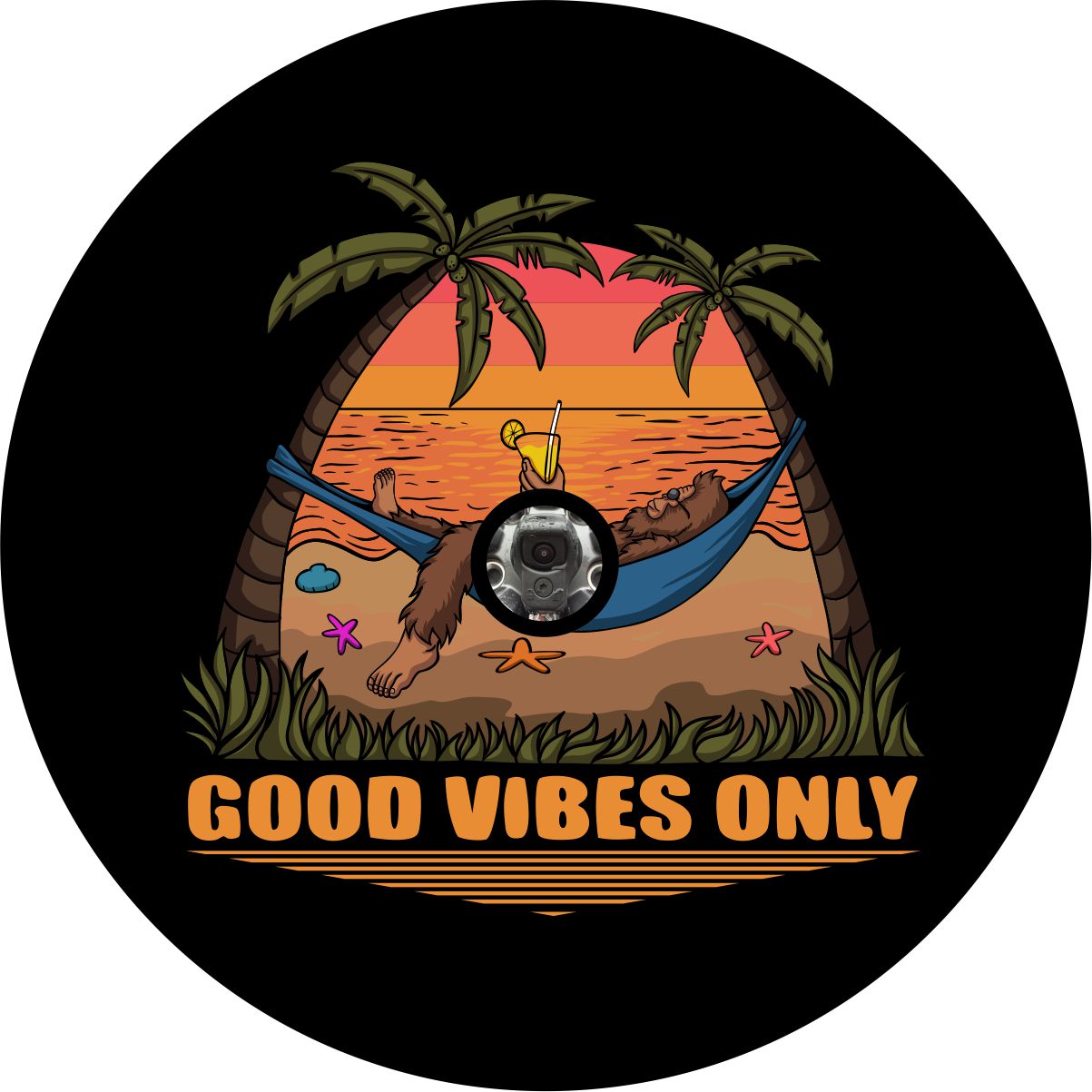 Good Vibes Only Sasquatch Bigfoot Tire Cover for Bronco, RV, Jeep, Camper, Etc.