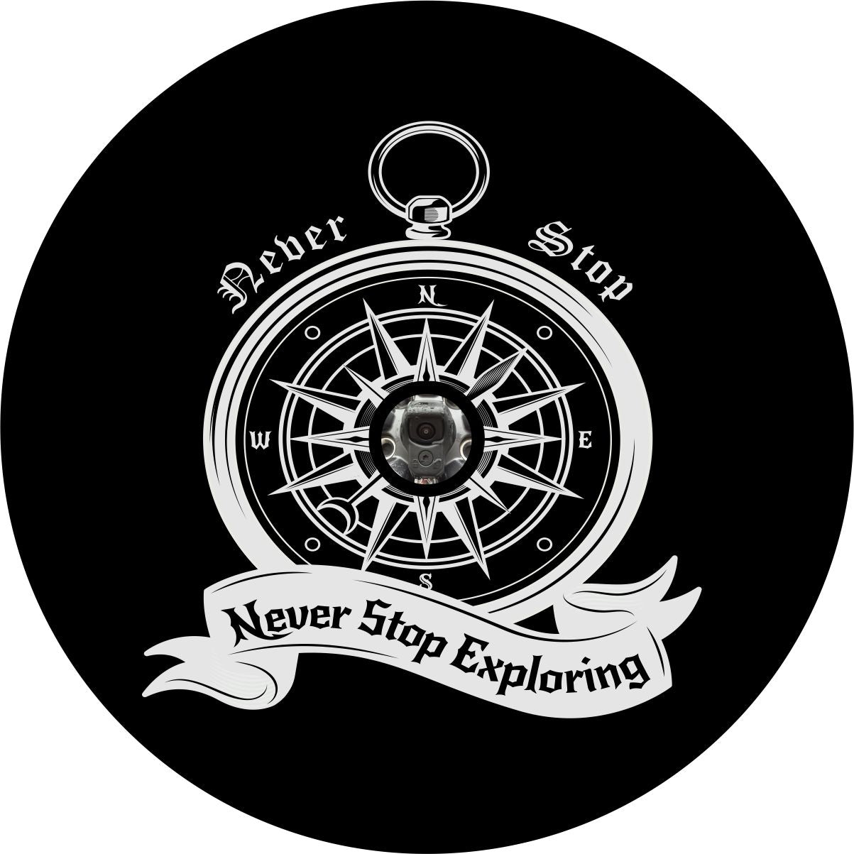 Never Stop Exploring Compass Spare Tire Cover - Jeep, Bronco, RV, Camper, & More