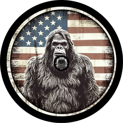 American Flag  Bigfoot Portrait - Sasquatch Spare Tire Cover for Bronco, RV, Jeep, Camper, Van