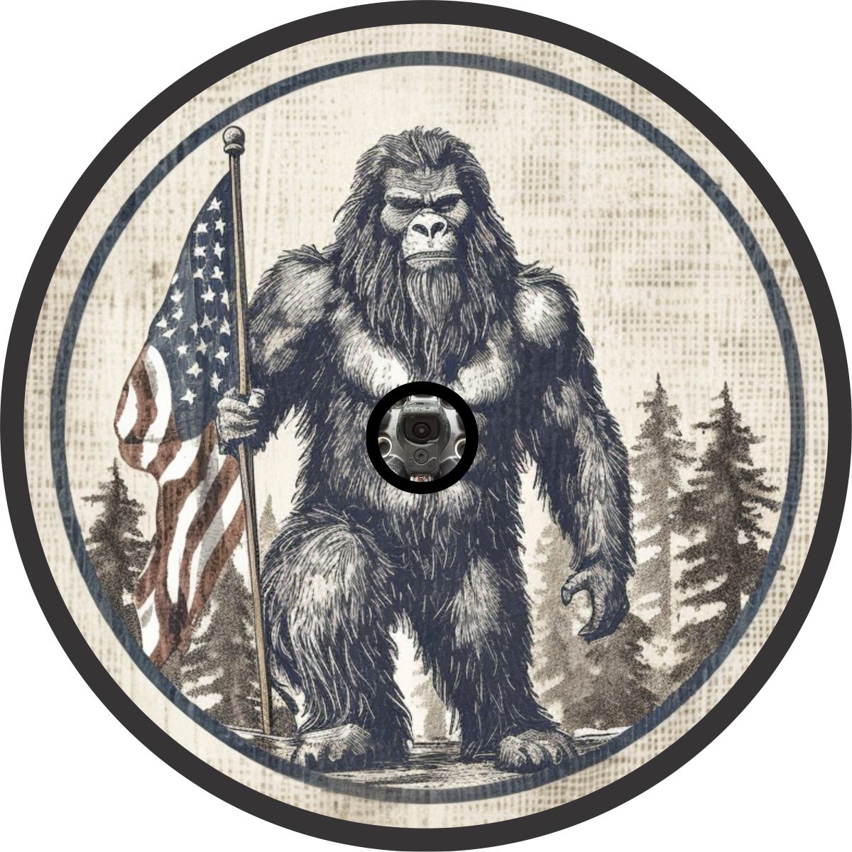 Bigfoot Sasquatch Holding American Flag Spare Tire Cover for Jeep, Bronco, RV, Van, Camper
