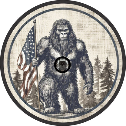 Bigfoot Sasquatch Holding American Flag Spare Tire Cover for Jeep, Bronco, RV, Van, Camper