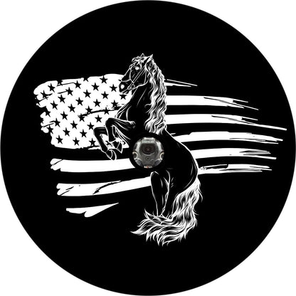 Bucking Bronco Horse American Distressed Flag Spare Tire Cover for Jeep, Bronco, RV, Camper, Trailer, & More