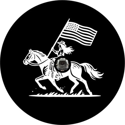 Cowgirl on a Bronco with American Flag Spare Tire Cover for Jeep, Bronco, RV, Camper, Trailer, & More