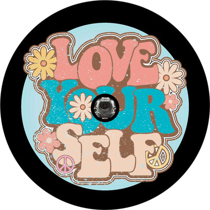 Distressed Love Yourself with Flower Spare Tire Cover for Jeep, Bronco, RV, Camper, Trailer, & More