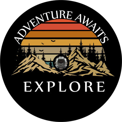 Adventure Awaits + Explore Mountain Custom Tire Cover for Jeep, RV, Camper, & More