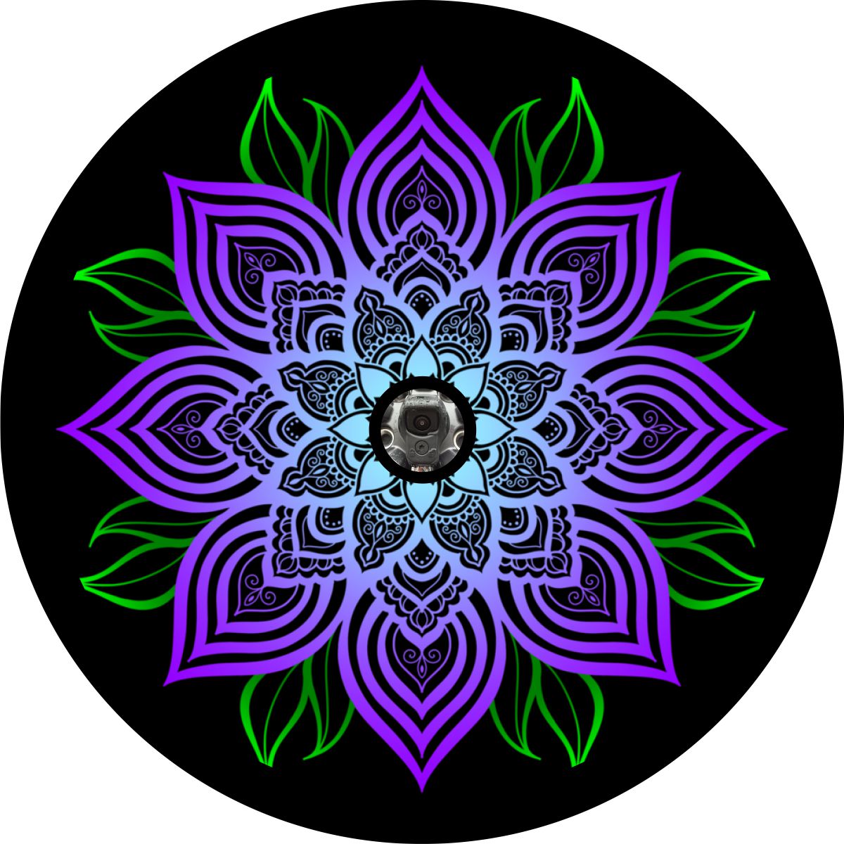 Purple Mandala Flower with Green Leaves Spare Tire Cover for any Vehicle, Make, Model and Size