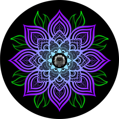Purple Mandala Flower with Green Leaves Spare Tire Cover for any Vehicle, Make, Model and Size