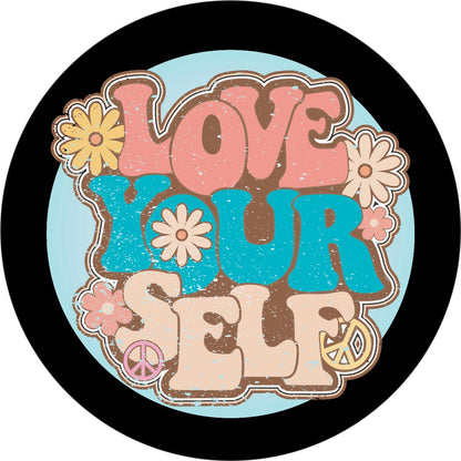 Distressed Love Yourself with Flower Spare Tire Cover for Jeep, Bronco, RV, Camper, Trailer, & More