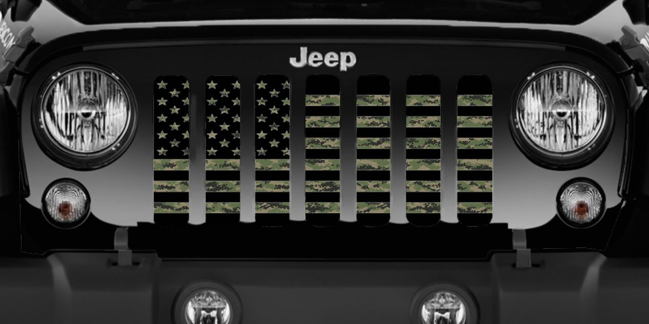Green Digi Military Camo American Flag Grille Insert