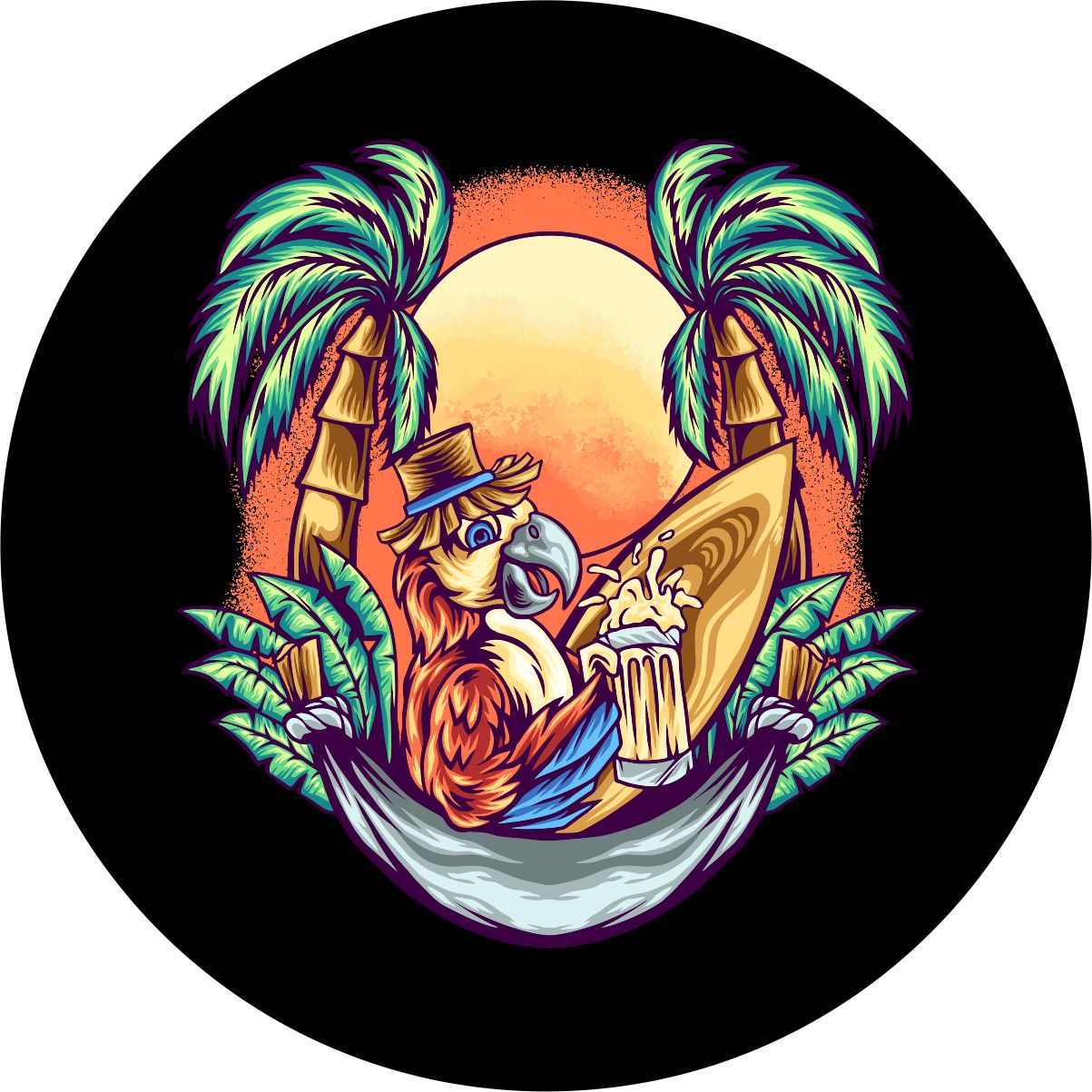 Parrot in a Hammock at Sunset Spare Tire Cover - Jeep, Bronco, RV, Camper, Trailer, Etc.
