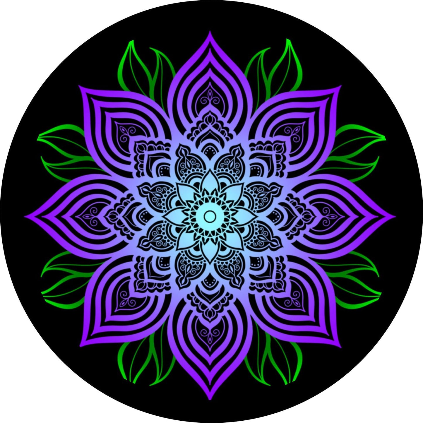 Purple Mandala Flower with Green Leaves Spare Tire Cover for any Vehicle, Make, Model and Size