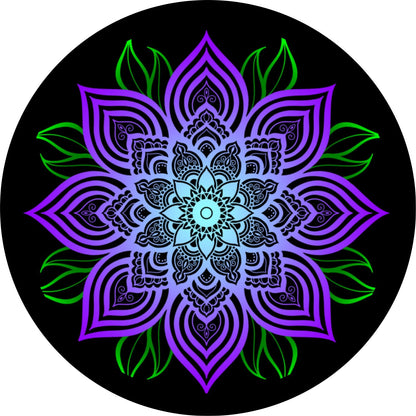 Purple Mandala Flower with Green Leaves Spare Tire Cover for any Vehicle, Make, Model and Size
