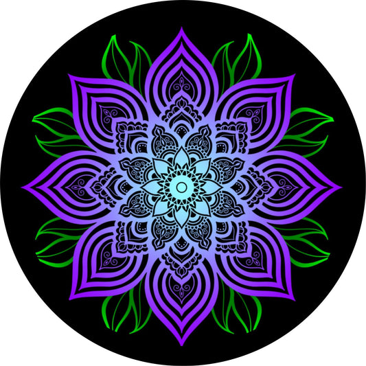 Purple Mandala Flower with Green Leaves Spare Tire Cover for any Vehicle, Make, Model and Size
