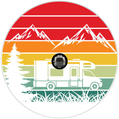 Traveling Motorcoach in The Mountains Retro Spare Tire Cover Design for RV, Camper, Motorcoach, Travel Trailer