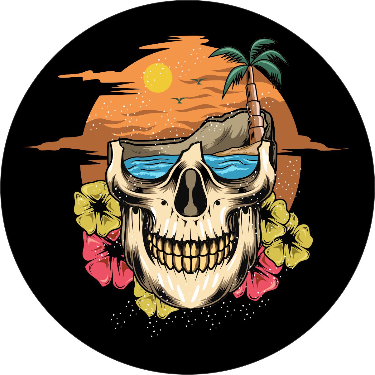Tropical Skull, Beach, & Hibiscus Flowers Spare Tire Cover for Jeep, RV, Bronco, and More
