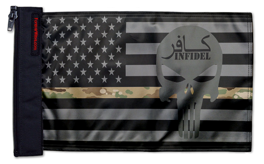 USA Subdued Thin Camo Line Infidel 12"x18" Forever Wave Flag for Jeep Wrangler JLU 4-Door 2018-Present