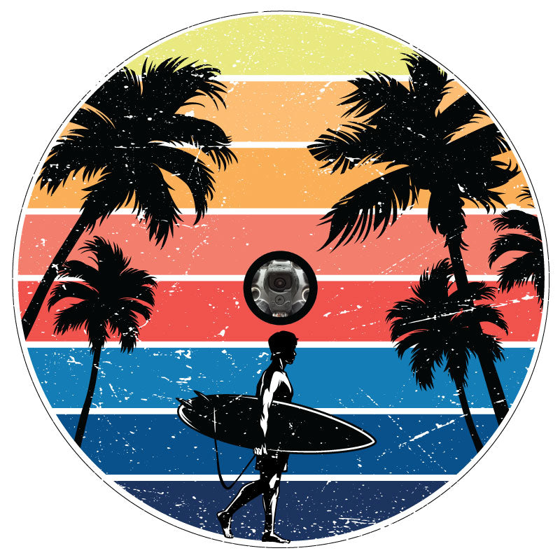 Vintage Surfer & Palm Trees Spare Tire Cover for Jeep, RV, Bronco & More