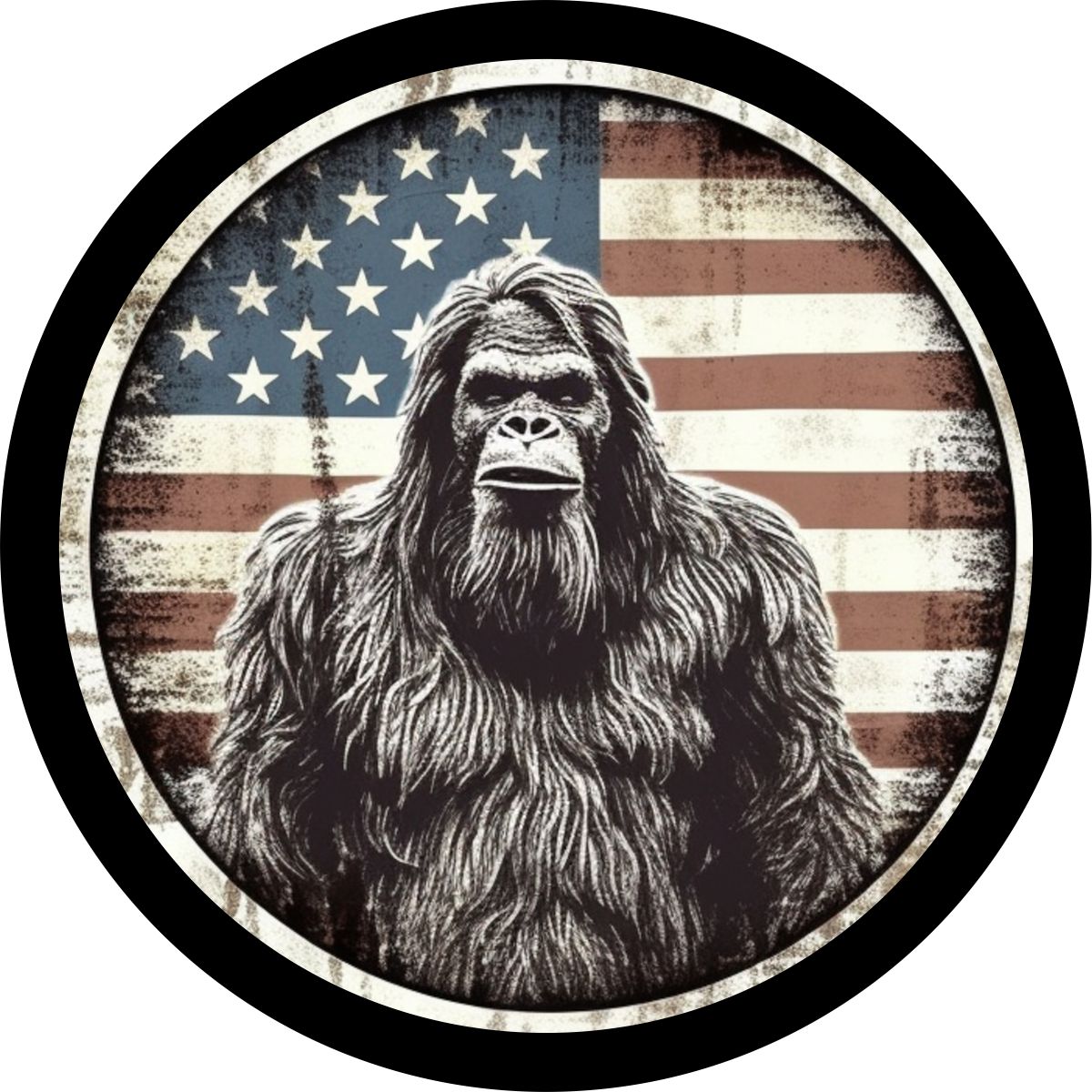 American Flag  Bigfoot Portrait - Sasquatch Spare Tire Cover for Bronco, RV, Jeep, Camper, Van