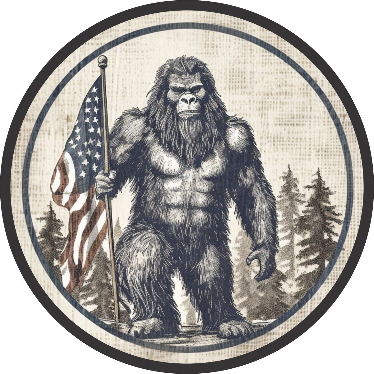Bigfoot Sasquatch Holding American Flag Spare Tire Cover for Jeep, Bronco, RV, Van, Camper