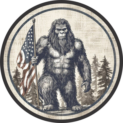 Bigfoot Sasquatch Holding American Flag Spare Tire Cover for Jeep, Bronco, RV, Van, Camper