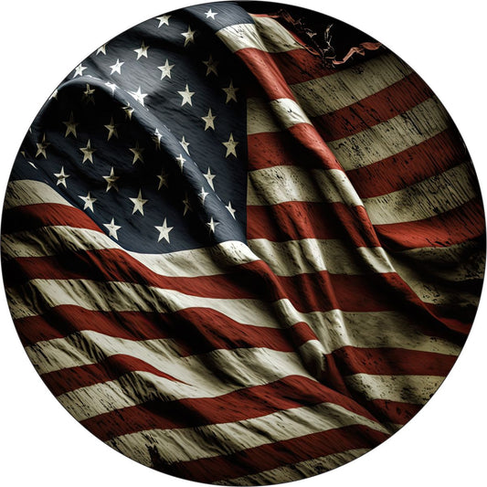 Vintage Wavy Tattered American Flag Spare Tire Cover for Jeeps, Broncos, Campers, Vans, RV, & More