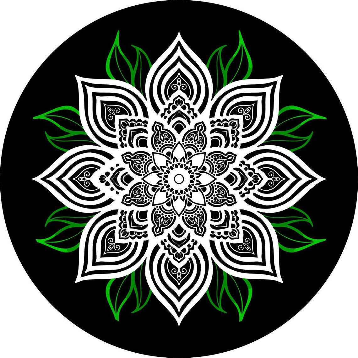White Mandala Flower with Green Leaves