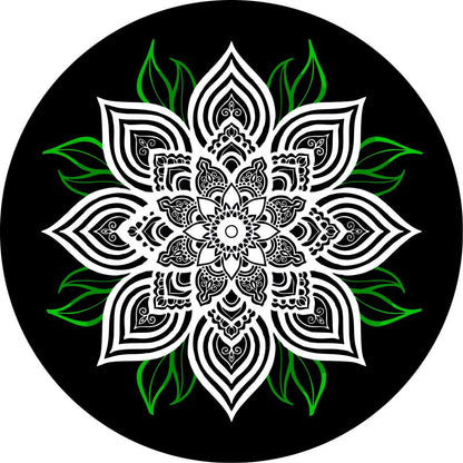 White Mandala Flower with Green Leaves