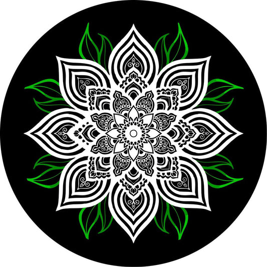 White Mandala Flower with Green Leaves