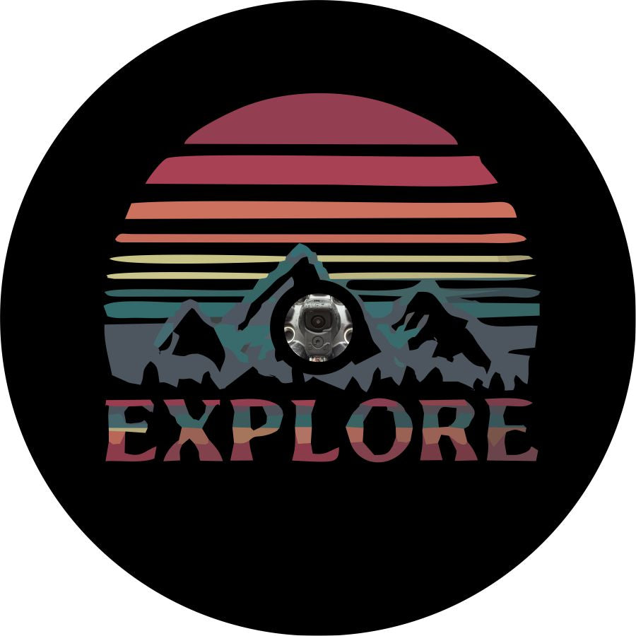 Explore Retro Design Mountains & Sun - Spare Tire Cover For RV, Camper, Jeep, Bronco, VW Bus, Van, & More