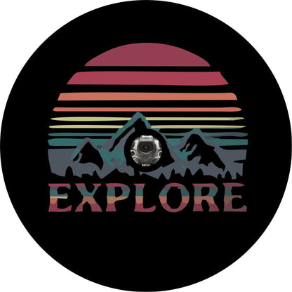 Explore Retro Design Mountains & Sun - Spare Tire Cover For RV, Camper, Jeep, Bronco, VW Bus, Van, & More