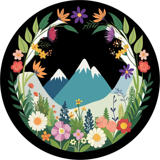 Beautiful Ornate Floral & Mountain Spare Tire Cover for Jeep, Bronco, Campers, RV, Vans, & More